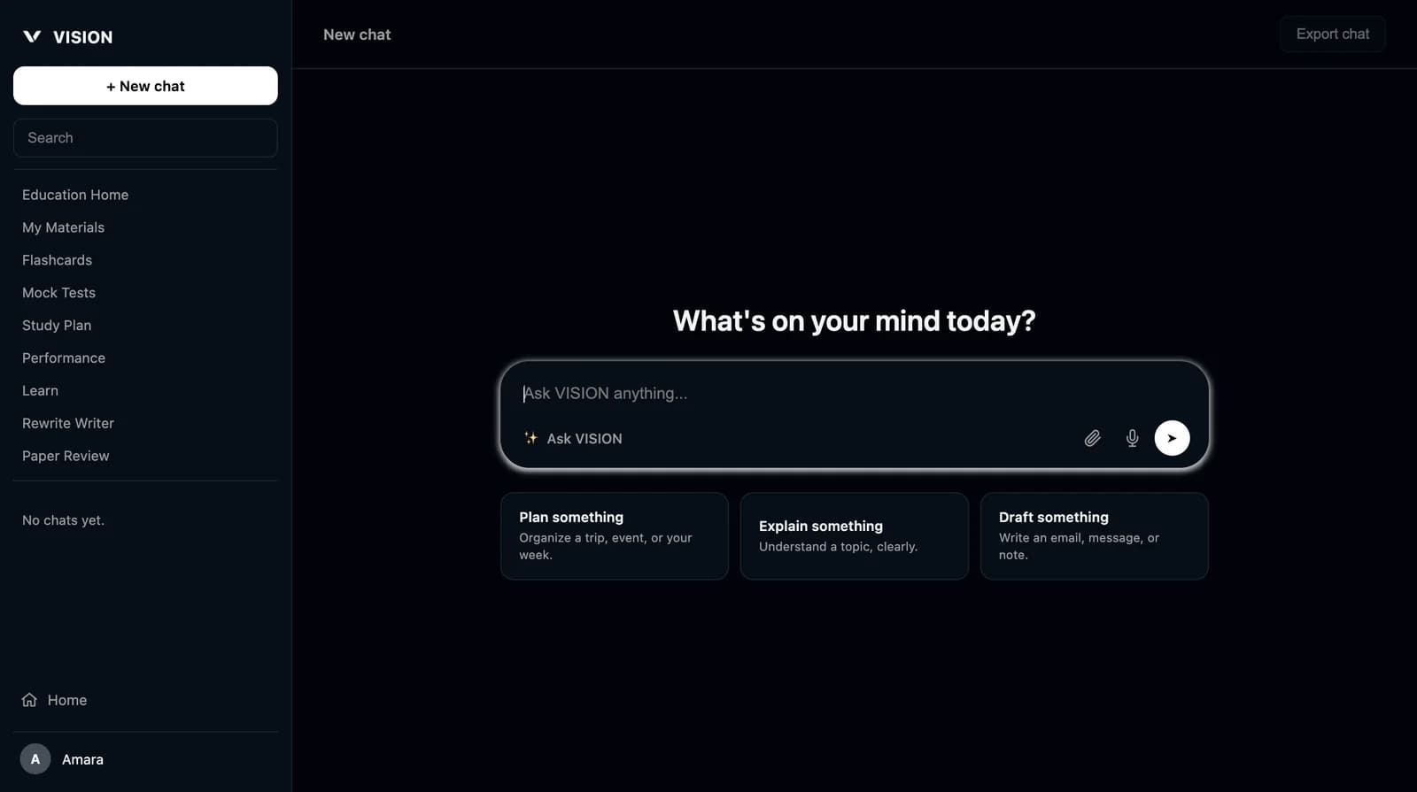 Ask VISION, with a chat history sidebar, learning tools and a prompt box asking “What's on your mind today?”.