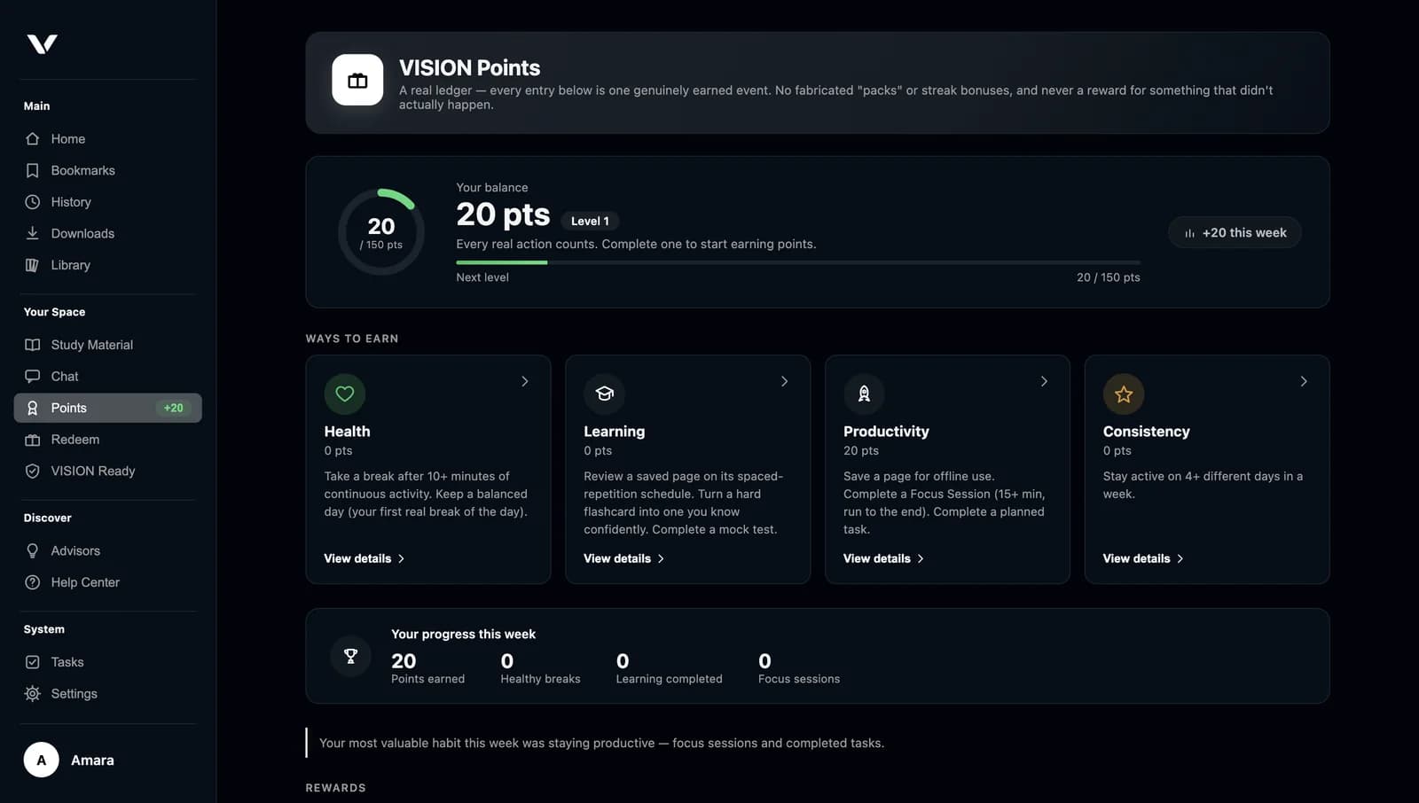 The VISION Points page showing a 20-point balance, level progress, and ways to earn through health, learning, productivity and consistency.